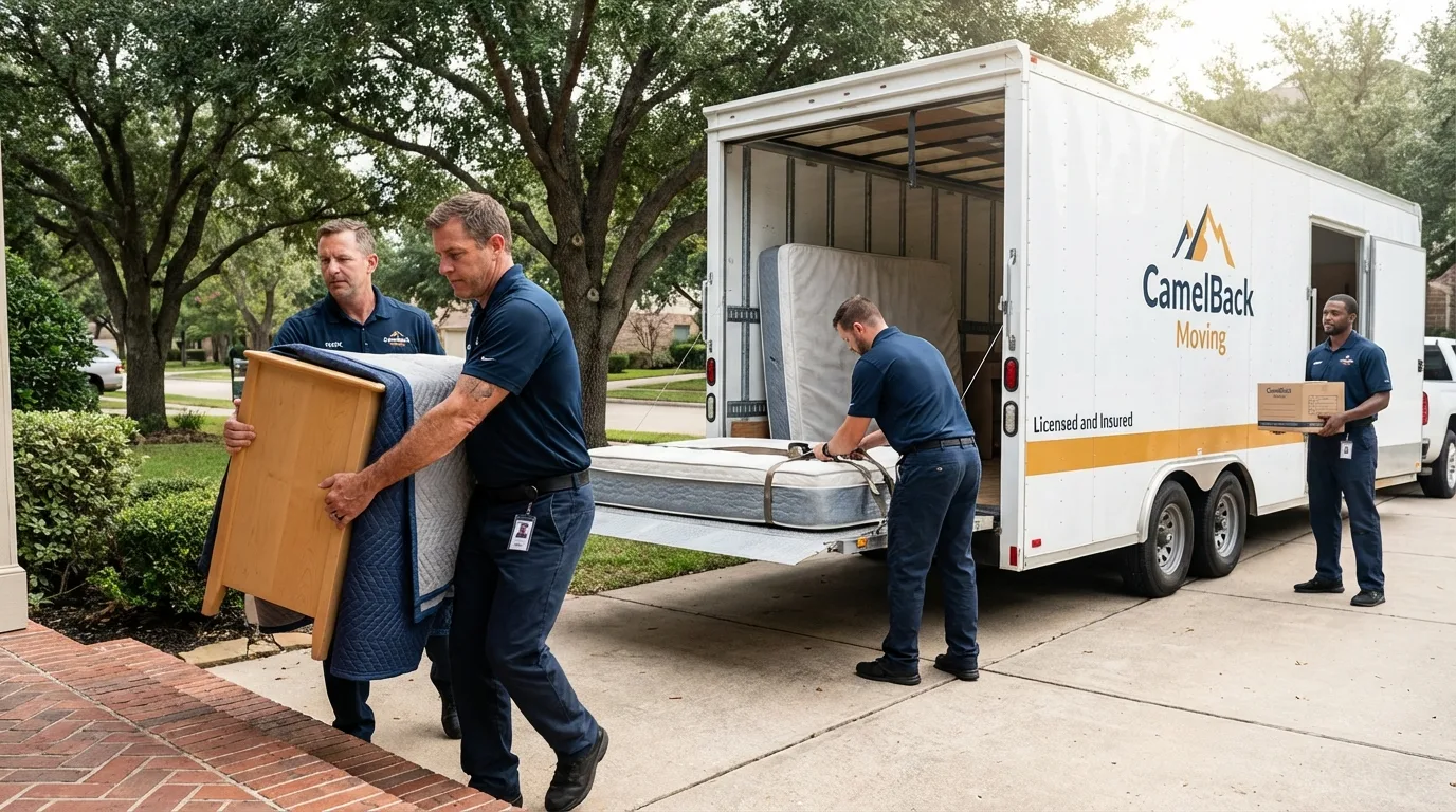 Crew loading residential truck for cross-state move from Liverpool, NY