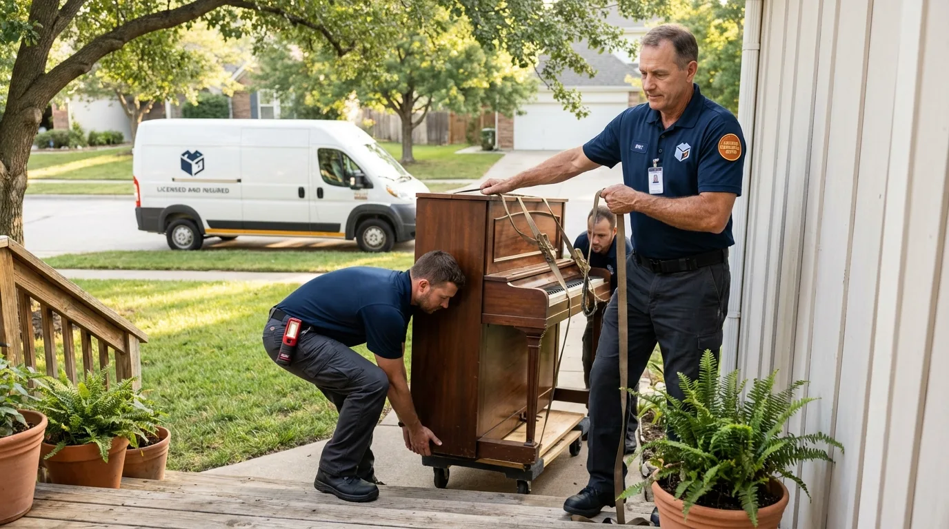Licensed piano movers securing grand piano in Liverpool, NY