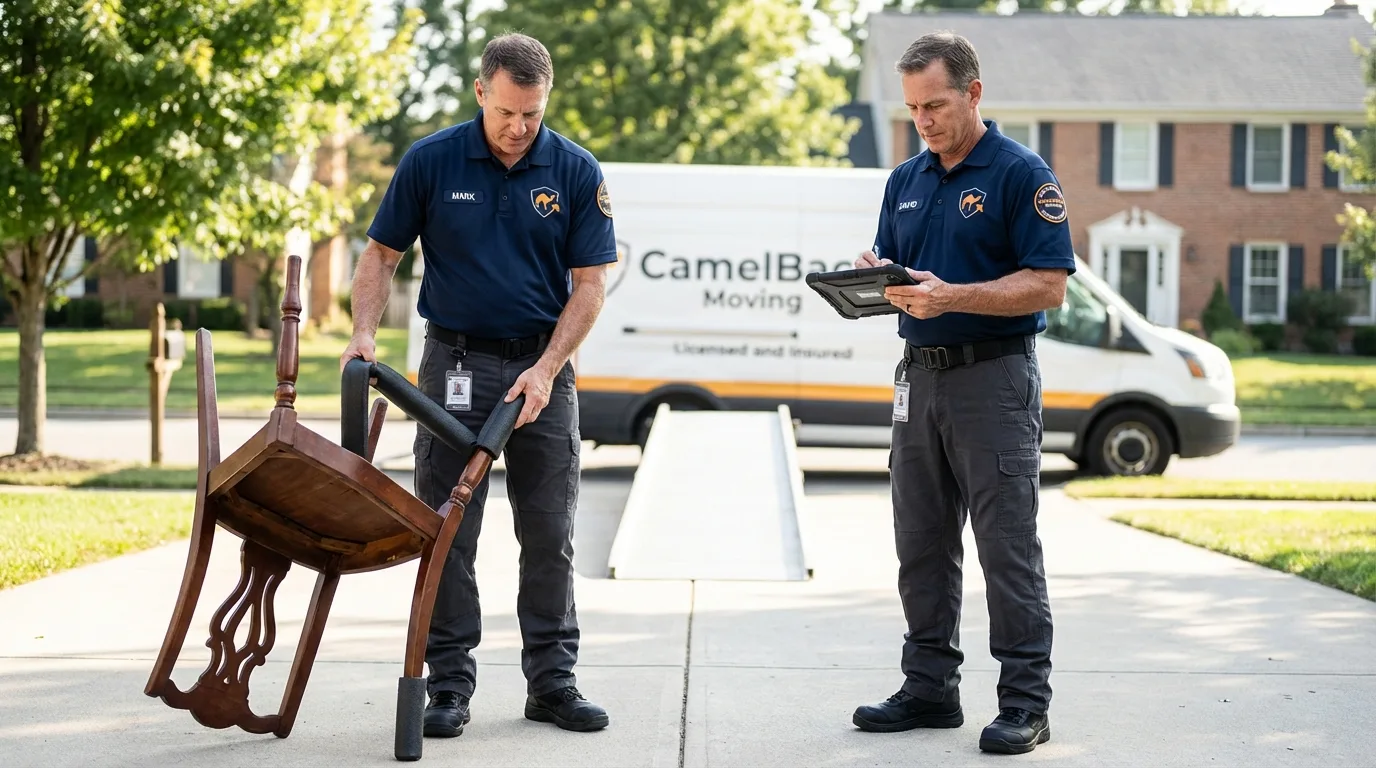 Movers inspecting furniture for damage prevention before loading in Liverpool, NY