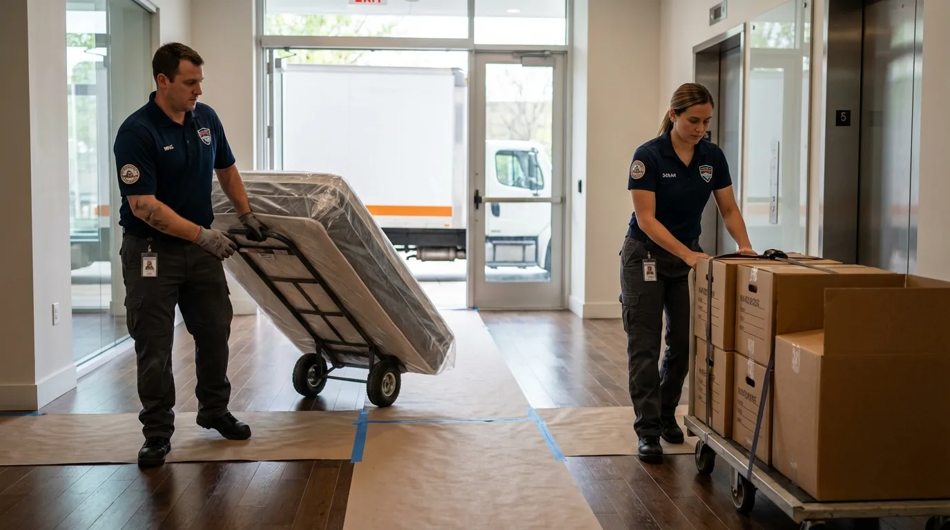 Professional apartment movers loading elevator in Liverpool, NY